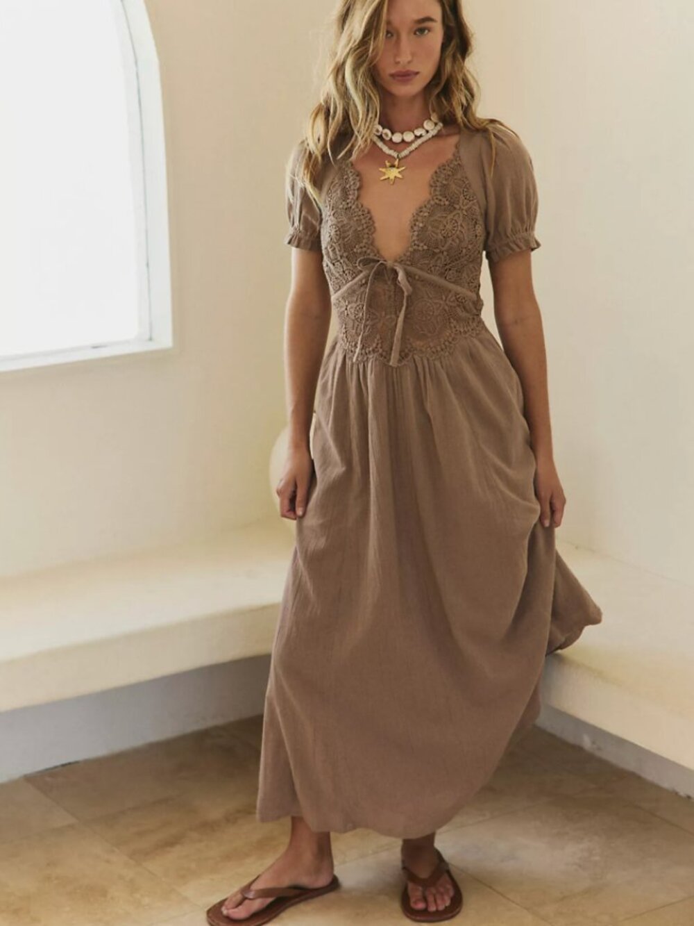 Free People All You Need Is Lace Midi Dress in Dusted Cocoa | Small | EUC